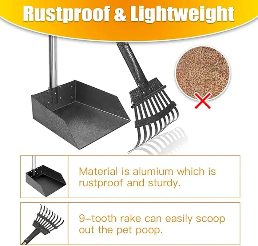 Professional Dog Waste Removal Set with Extra Large 9" x 9.5" Tray and 38" Adjustable Handle for Large Breeds - Durable Rust-Proof Metal and Aluminum Construction