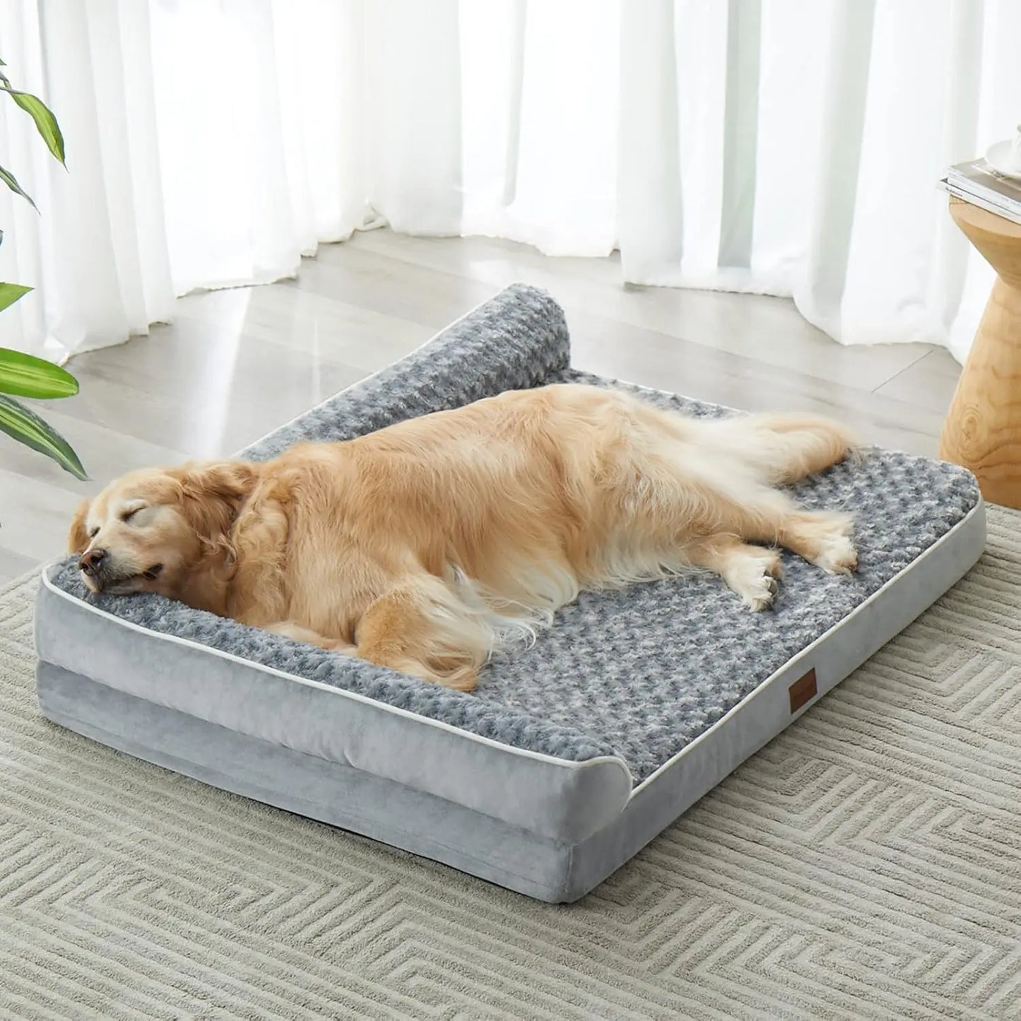Premium Orthopedic L-Shaped Dog Bed for Large Breeds - Waterproof Velvet Sofa with Pressure Relief Foam, Joint Support, Removable and Washable Cover, Self-Warming Surface, and Non-Slip Base