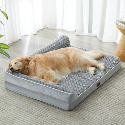 Premium Orthopedic L-Shaped Dog Bed for Large Breeds - Waterproof Velvet Sofa with Pressure Relief Foam, Joint Support, Removable and Washable Cover, Self-Warming Surface, and Non-Slip Base
