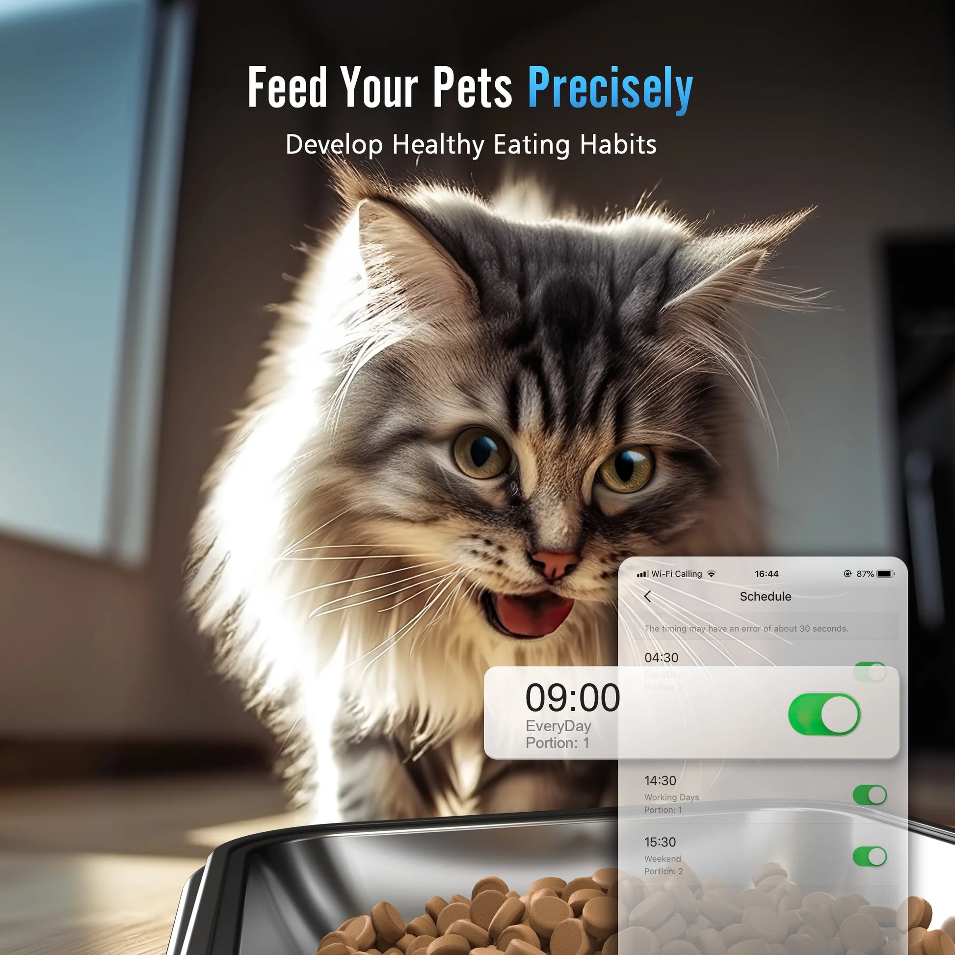5L Wi-Fi Enabled Automatic Cat Feeder with App Control, PFD-002 PRO Dual Bowl Dispenser with Desiccant Bag, Scheduled Feeding for Two Cats or Small Dogs - Black