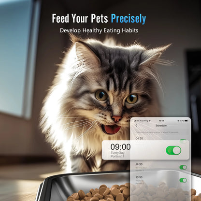 5L Wi-Fi Enabled Automatic Cat Feeder with App Control, PFD-002 PRO Dual Bowl Dispenser with Desiccant Bag, Scheduled Feeding for Two Cats or Small Dogs - Black