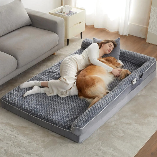 Premium Orthopedic L-Shaped Dog Bed for Large Breeds - Waterproof Velvet Sofa with Pressure Relief Foam, Joint Support, Removable and Washable Cover, Self-Warming Surface, and Non-Slip Base