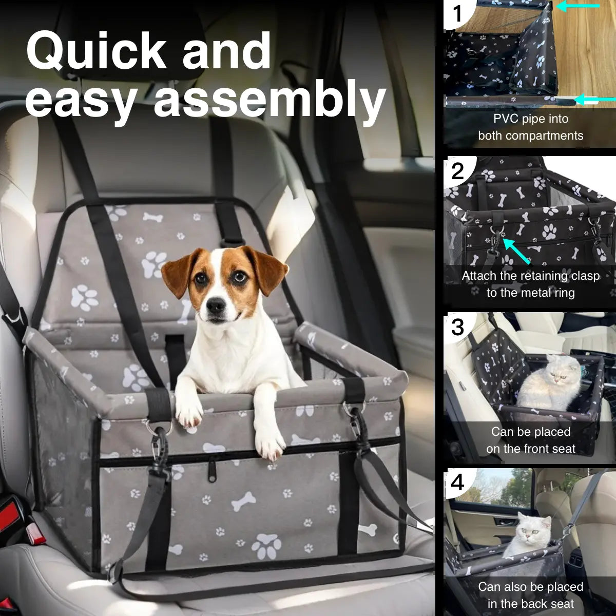 Pet Car Seat - Foldable Safety Booster for Cats and Dogs | Breathable, Easy-to-Clean Design with Spacious Interior | Compatible with Front and Back Seats, Simple Assembly