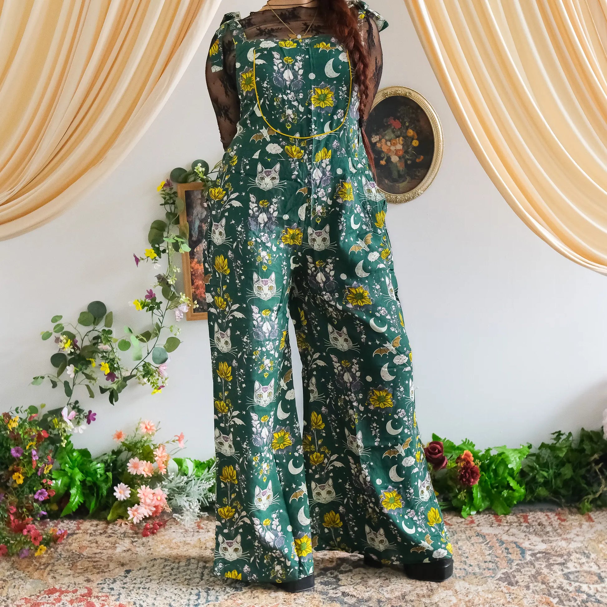 Celestial Cat and Moon Wide Leg Jumpsuit - Gothic Overalls and Witch-Inspired Bohemian Romper for Fall/Winter - Handmade Earthy Whimsy Outfit