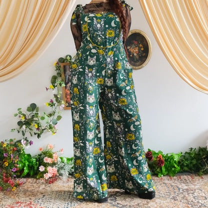 Celestial Cat and Moon Wide Leg Jumpsuit - Gothic Overalls and Witch-Inspired Bohemian Romper for Fall/Winter - Handmade Earthy Whimsy Outfit