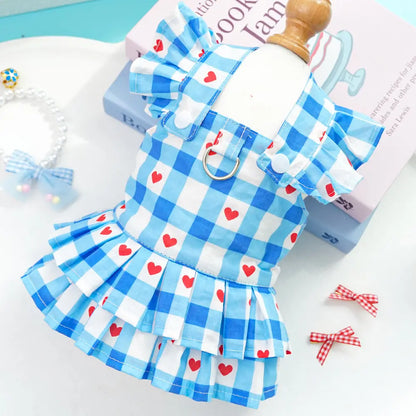 Elegant Pet Apparel for Dogs and Cats - Sleeveless Princess Dress with Flying Sleeves, Plaid Love Pattern, Breathable Fabric, Includes Leash Ring D00042