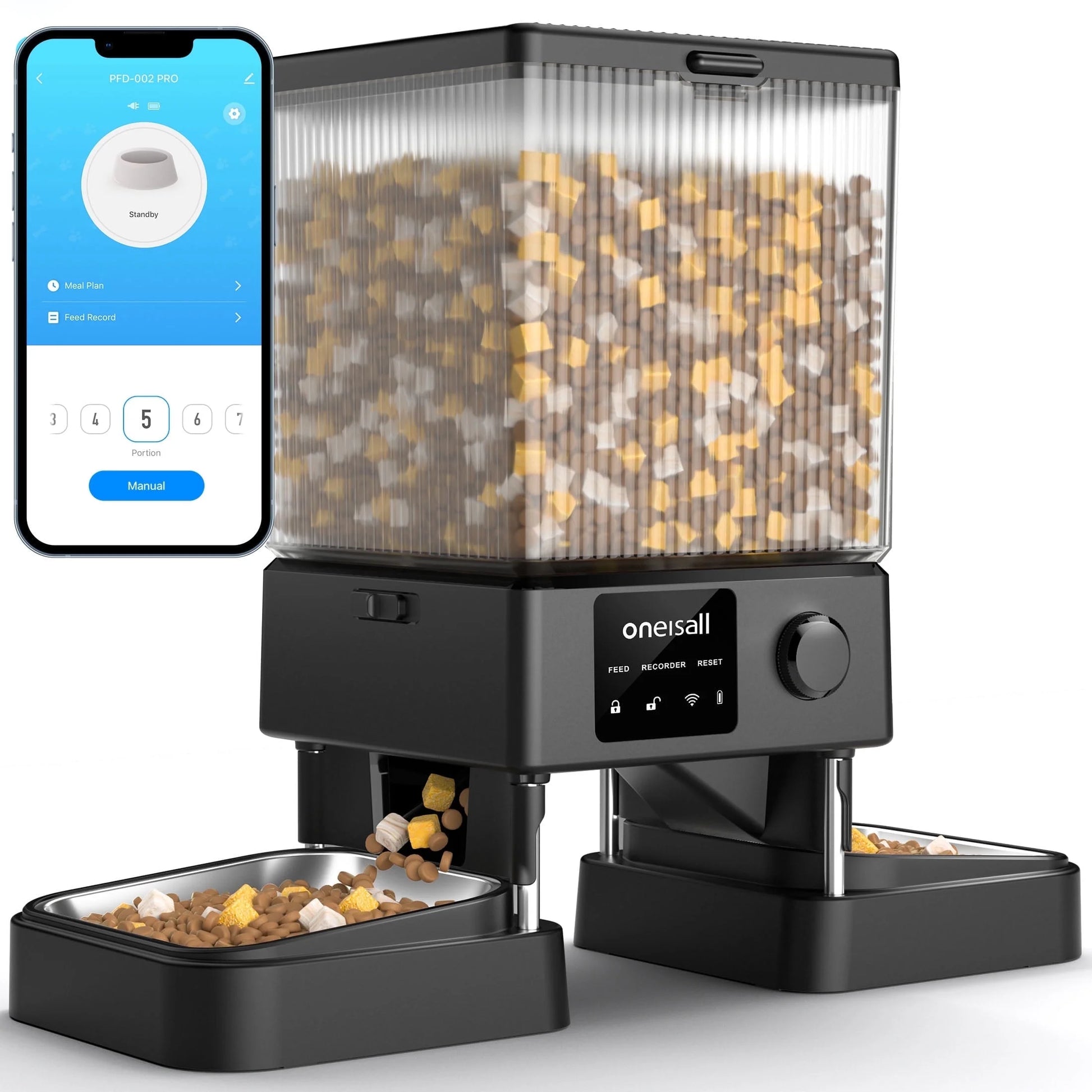 5L Wi-Fi Enabled Automatic Cat Feeder with App Control, PFD-002 PRO Dual Bowl Dispenser with Desiccant Bag, Scheduled Feeding for Two Cats or Small Dogs - Black