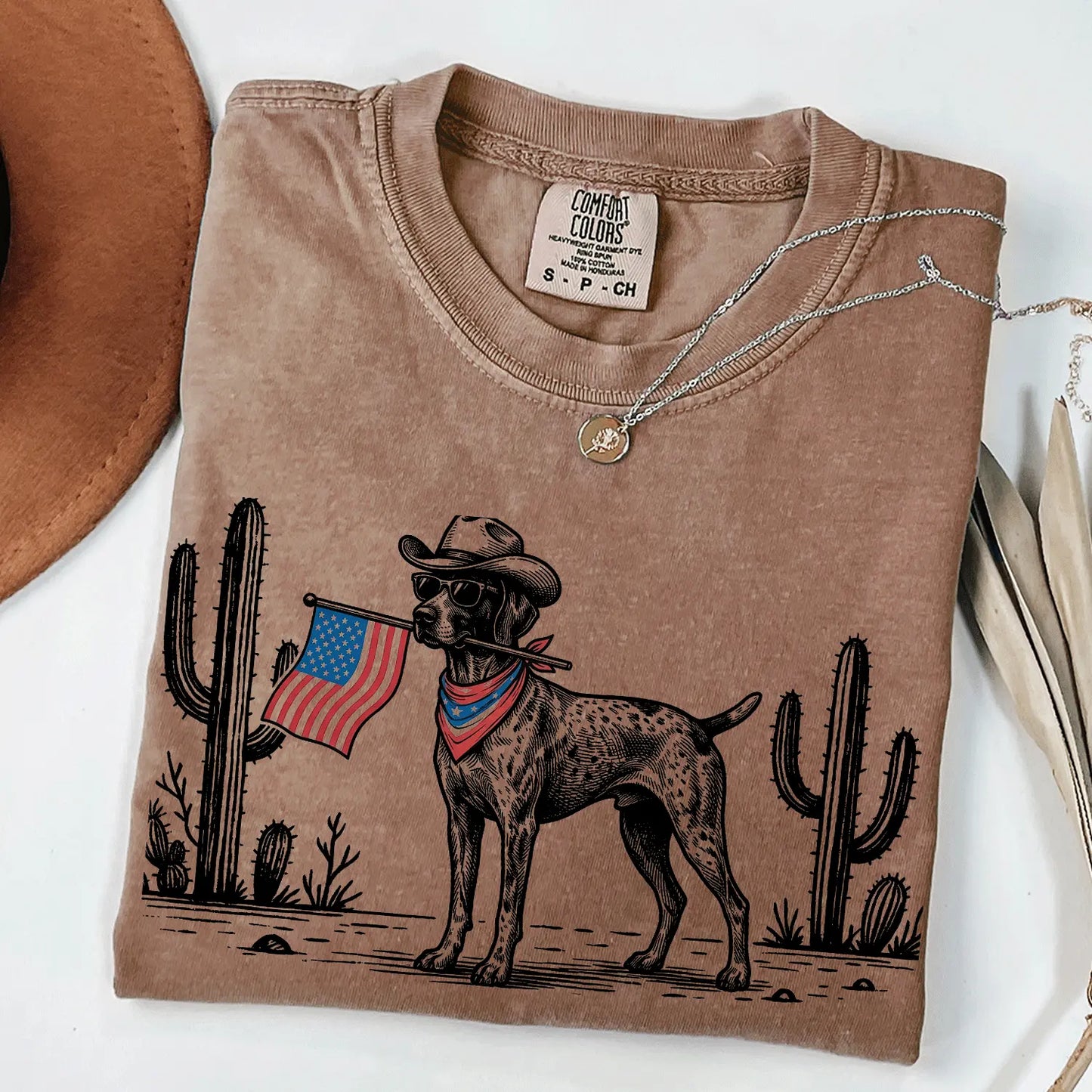 Patriotic Dog Shirt by Comfort Colors for Over 50 Breeds - Western Cowboy Tee, Ideal 4th of July Gift for Dog Lovers, USA Flag Design