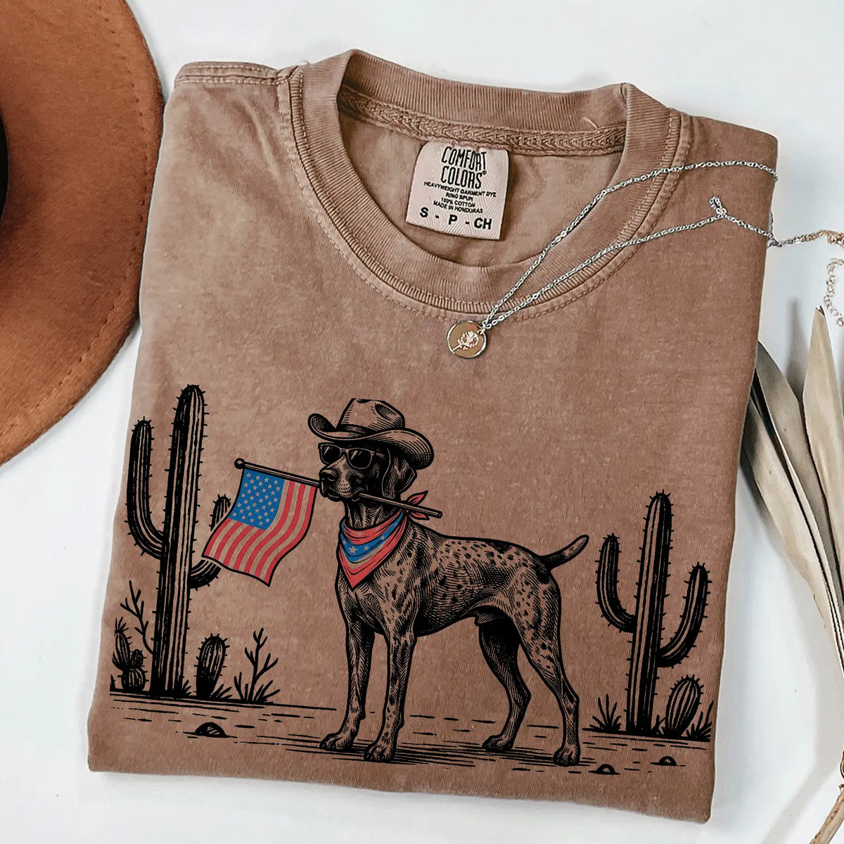 Patriotic Dog Shirt by Comfort Colors for Over 50 Breeds - Western Cowboy Tee, Ideal 4th of July Gift for Dog Lovers, USA Flag Design