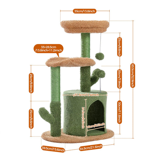 Cactus-Inspired Indoor Cat Tree with Curved Perch, Removable Top Bed, and Integrated Scratching Post