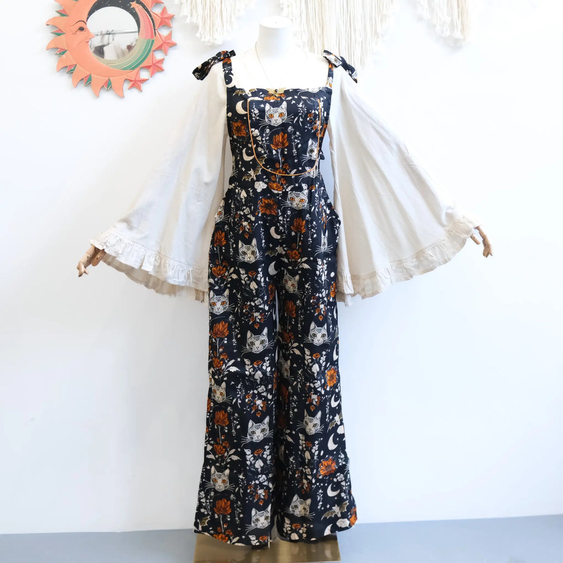 Celestial Cat and Moon Wide Leg Jumpsuit - Gothic Overalls and Witch-Inspired Bohemian Romper for Fall/Winter - Handmade Earthy Whimsy Outfit