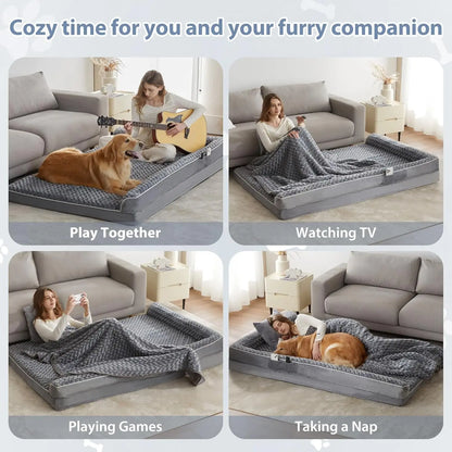 Premium Orthopedic L-Shaped Dog Bed for Large Breeds - Waterproof Velvet Sofa with Pressure Relief Foam, Joint Support, Removable and Washable Cover, Self-Warming Surface, and Non-Slip Base