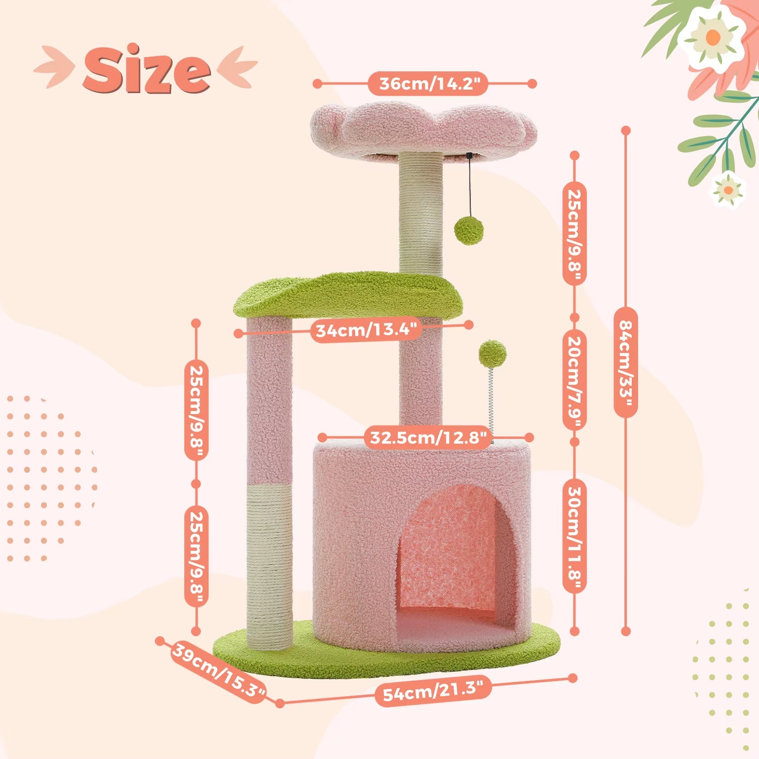 Cactus-Inspired Indoor Cat Tree with Curved Perch, Removable Top Bed, and Integrated Scratching Post