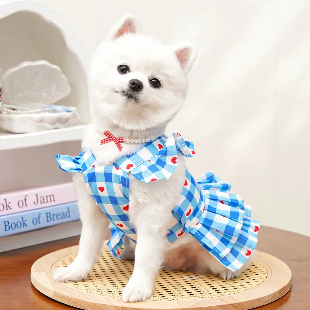 Elegant Pet Apparel for Dogs and Cats - Sleeveless Princess Dress with Flying Sleeves, Plaid Love Pattern, Breathable Fabric, Includes Leash Ring D00042