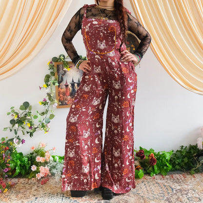Celestial Cat and Moon Wide Leg Jumpsuit - Gothic Overalls and Witch-Inspired Bohemian Romper for Fall/Winter - Handmade Earthy Whimsy Outfit