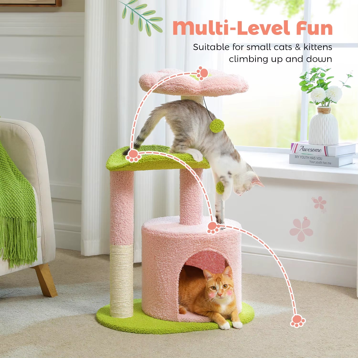 Cactus-Inspired Indoor Cat Tree with Curved Perch, Removable Top Bed, and Integrated Scratching Post