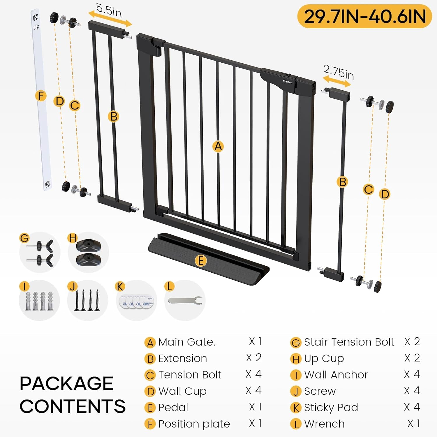Adjustable Baby Gate for Stairs (29.7-40.6") - Award-Winning Dog Gate for Doorways with Pressure-Mounted Auto-Close Design, Indoor Safety Child Gate Featuring Convenient Walk-Through Door, Black