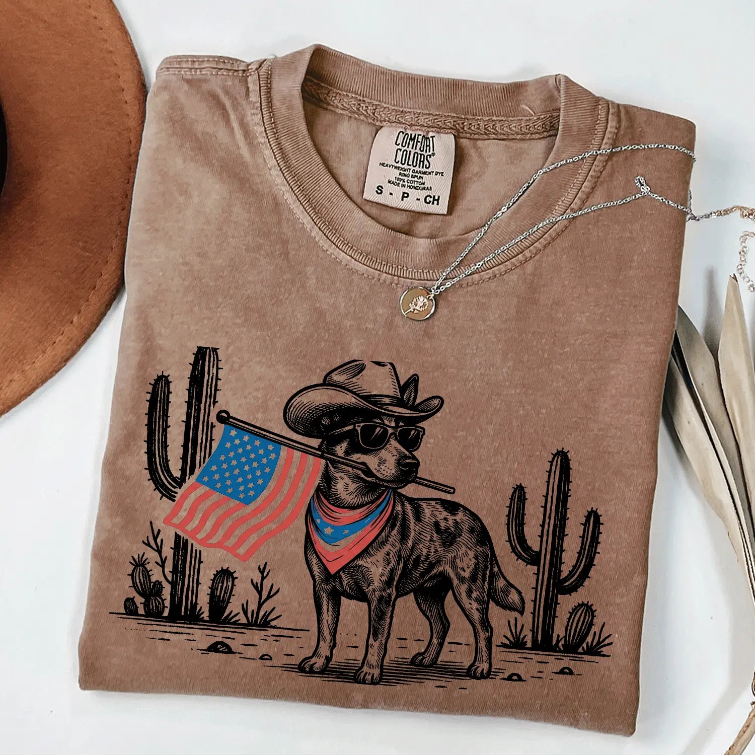 Patriotic Dog Shirt by Comfort Colors for Over 50 Breeds - Western Cowboy Tee, Ideal 4th of July Gift for Dog Lovers, USA Flag Design