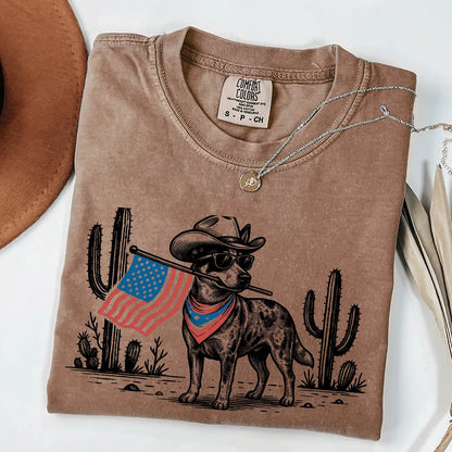 Patriotic Dog Shirt by Comfort Colors for Over 50 Breeds - Western Cowboy Tee, Ideal 4th of July Gift for Dog Lovers, USA Flag Design