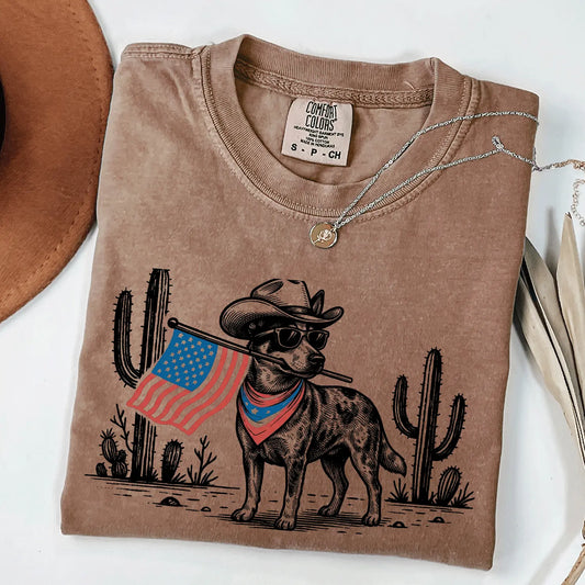 Patriotic Dog Shirt by Comfort Colors for Over 50 Breeds - Western Cowboy Tee, Ideal 4th of July Gift for Dog Lovers, USA Flag Design