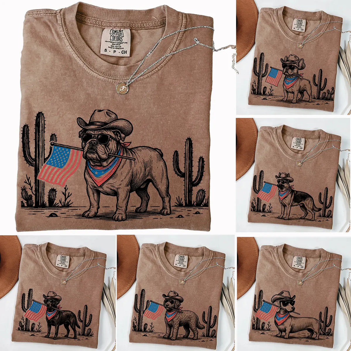 Patriotic Dog Shirt by Comfort Colors for Over 50 Breeds - Western Cowboy Tee, Ideal 4th of July Gift for Dog Lovers, USA Flag Design