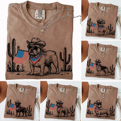 Patriotic Dog Shirt by Comfort Colors for Over 50 Breeds - Western Cowboy Tee, Ideal 4th of July Gift for Dog Lovers, USA Flag Design