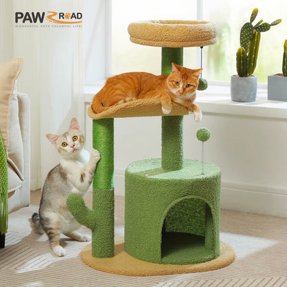 Cactus-Inspired Indoor Cat Tree with Curved Perch, Removable Top Bed, and Integrated Scratching Post