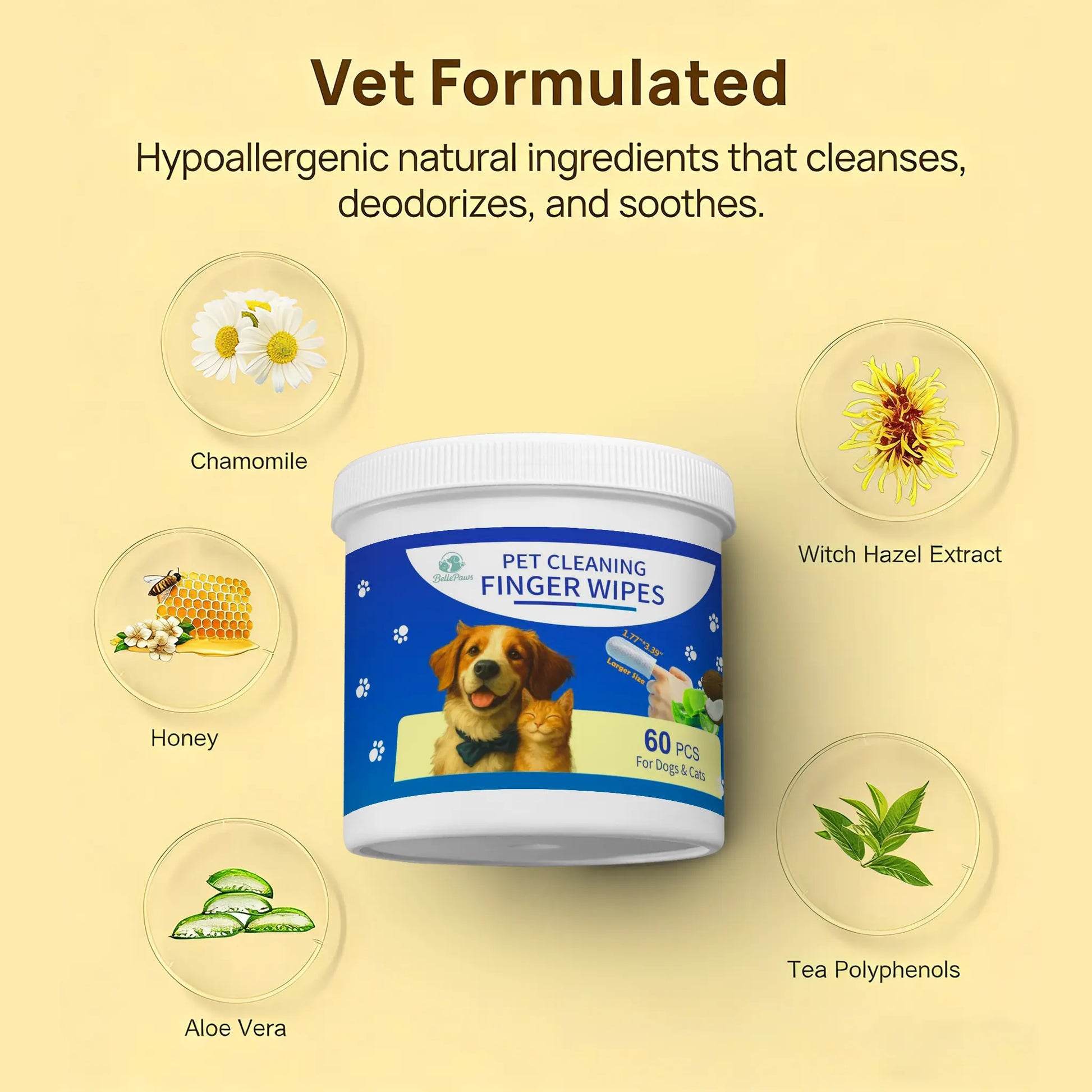 Bellepaws Pet Finger Cleaning Wipes - 60 Count | Chamomile, Honey & Aloe Infused | Gentle Multi-Purpose Wipes for Ears, Teeth & Paws | Deodorizing & Moisturizing Grooming Solution