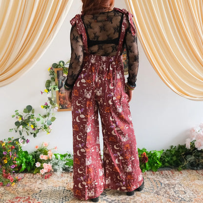 Celestial Cat and Moon Wide Leg Jumpsuit - Gothic Overalls and Witch-Inspired Bohemian Romper for Fall/Winter - Handmade Earthy Whimsy Outfit