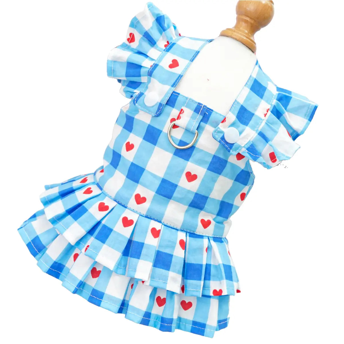 Elegant Pet Apparel for Dogs and Cats - Sleeveless Princess Dress with Flying Sleeves, Plaid Love Pattern, Breathable Fabric, Includes Leash Ring D00042