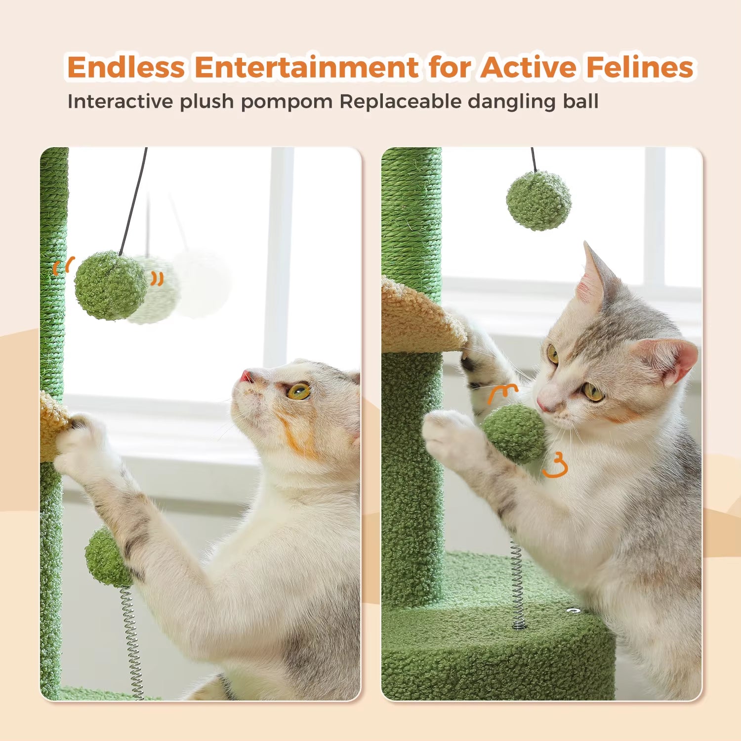 Cactus-Inspired Indoor Cat Tree with Curved Perch, Removable Top Bed, and Integrated Scratching Post