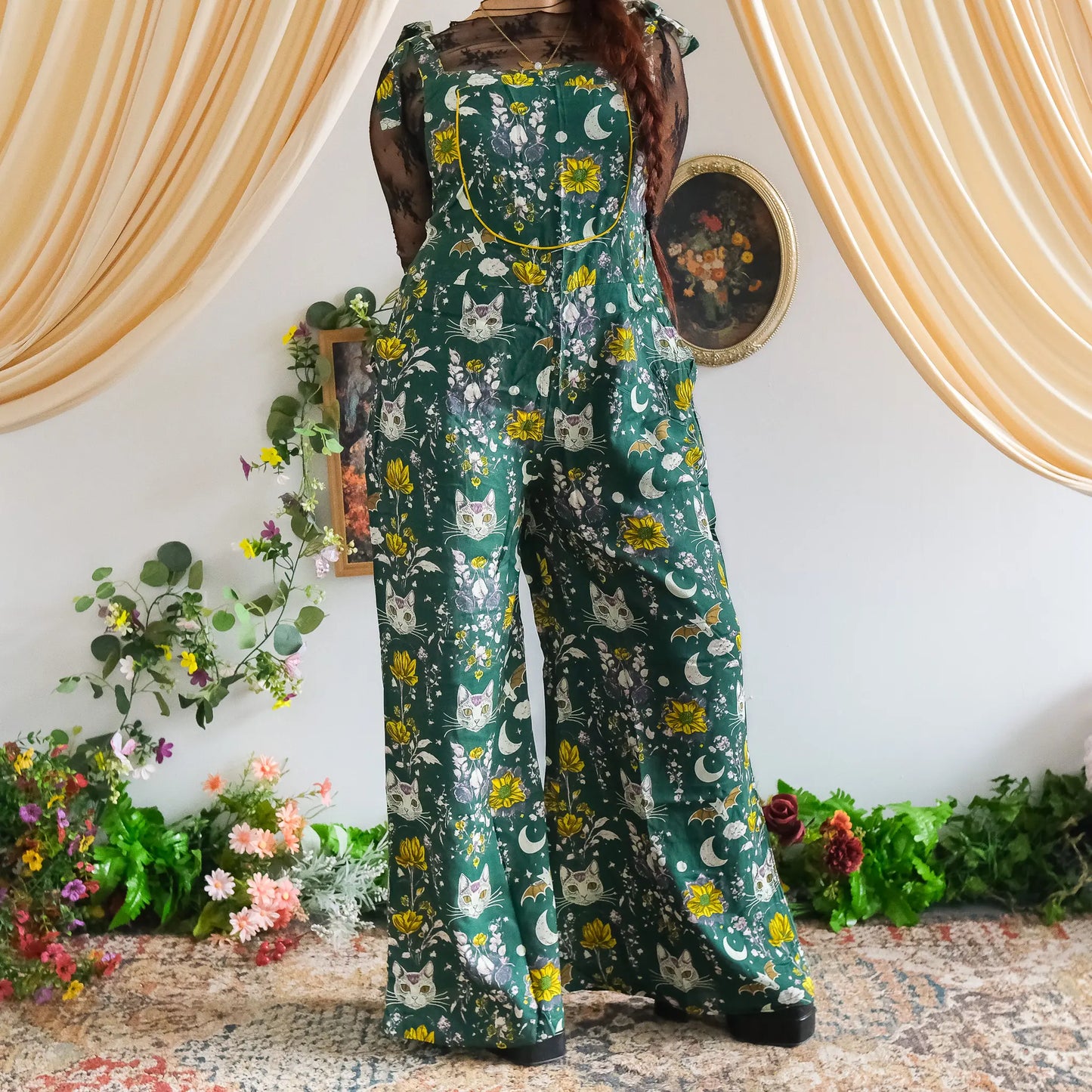 Celestial Cat and Moon Wide Leg Jumpsuit - Gothic Overalls and Witch-Inspired Bohemian Romper for Fall/Winter - Handmade Earthy Whimsy Outfit