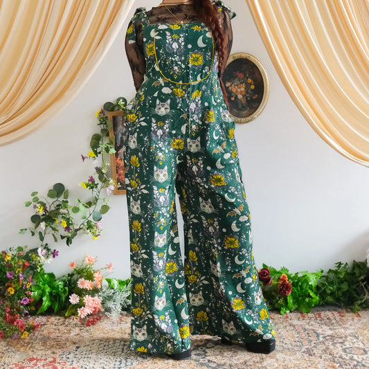 Celestial Cat and Moon Wide Leg Jumpsuit - Gothic Overalls and Witch-Inspired Bohemian Romper for Fall/Winter - Handmade Earthy Whimsy Outfit