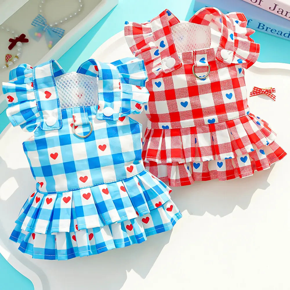 Elegant Pet Apparel for Dogs and Cats - Sleeveless Princess Dress with Flying Sleeves, Plaid Love Pattern, Breathable Fabric, Includes Leash Ring D00042