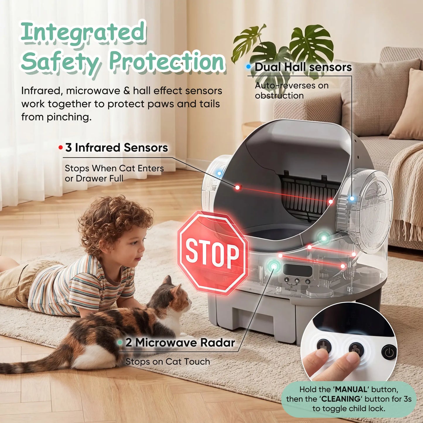 Warcat Advanced Automatic Open-Top Cat Litter Box with Streamlined Self-Cleaning System and Enhanced Safety Sensors for Convenient Usage