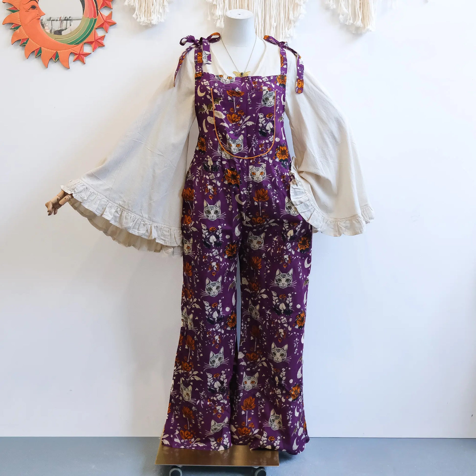 Celestial Cat and Moon Wide Leg Jumpsuit - Gothic Overalls and Witch-Inspired Bohemian Romper for Fall/Winter - Handmade Earthy Whimsy Outfit