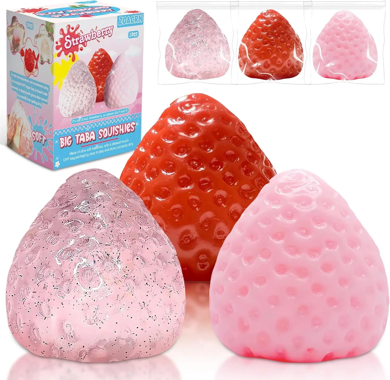 Extra Large 5-Inch Taba Squishy Hamster Strawberry Stress Balls – Vanilla Strawberry Butter Slime, Set of 3 for All Ages