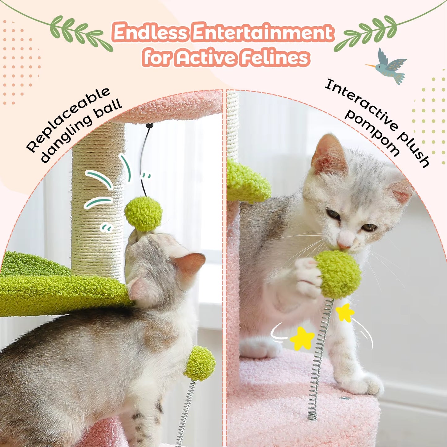 Cactus-Inspired Indoor Cat Tree with Curved Perch, Removable Top Bed, and Integrated Scratching Post