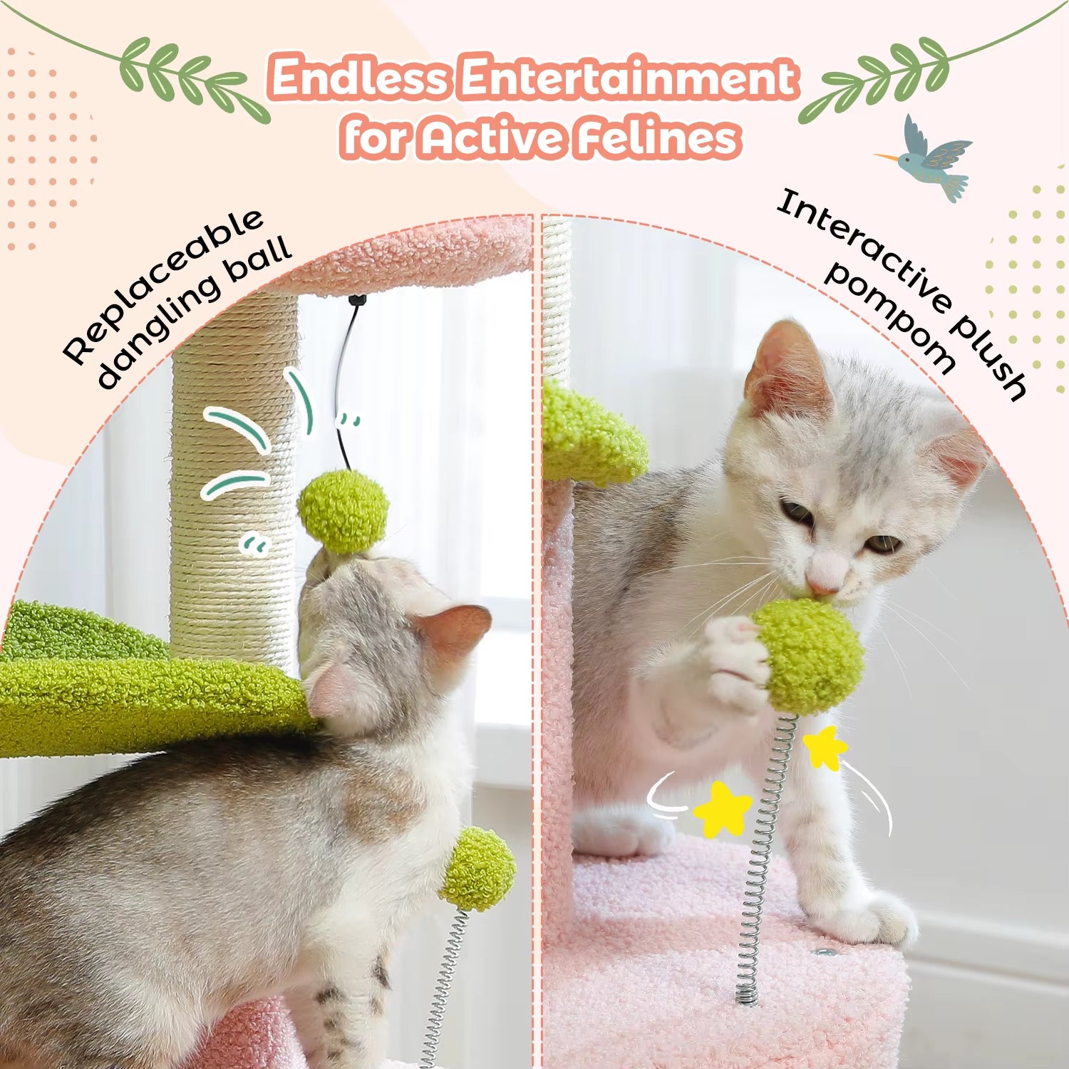Cactus-Inspired Indoor Cat Tree with Curved Perch, Removable Top Bed, and Integrated Scratching Post
