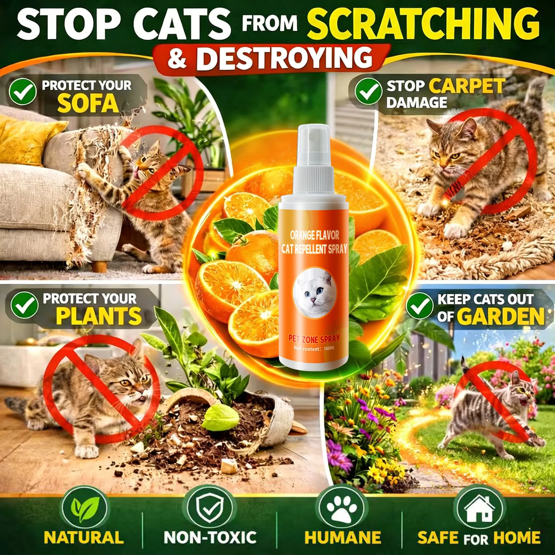 Cat Deterrent Spray for Indoor and Outdoor Use, Furniture Protection and Anti-Marking Solution for Sofas and Carpets, Made with Natural Ingredients (100 ml x 2)