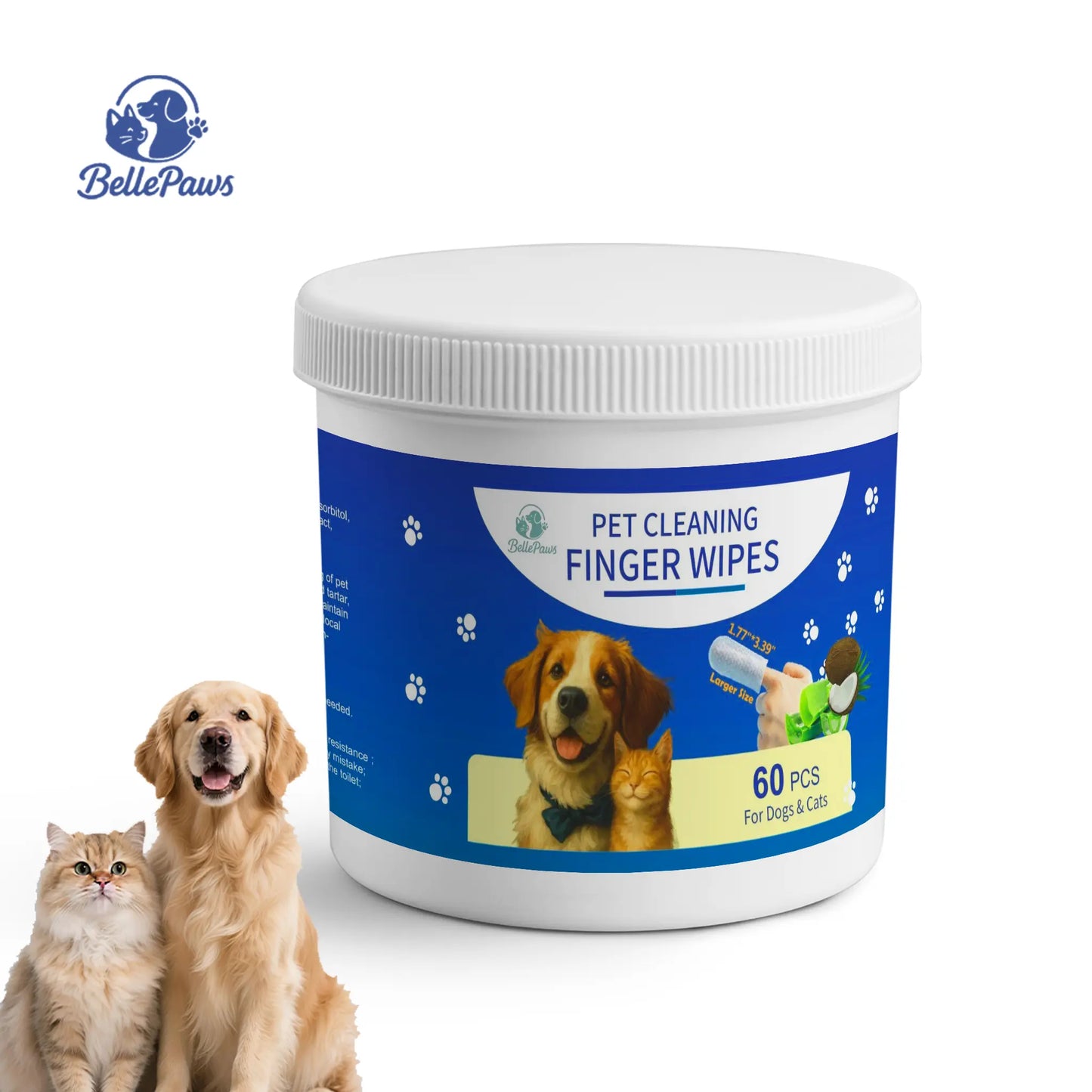Bellepaws Pet Finger Cleaning Wipes - 60 Count | Chamomile, Honey & Aloe Infused | Gentle Multi-Purpose Wipes for Ears, Teeth & Paws | Deodorizing & Moisturizing Grooming Solution