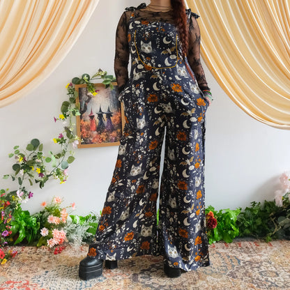 Celestial Cat and Moon Wide Leg Jumpsuit - Gothic Overalls and Witch-Inspired Bohemian Romper for Fall/Winter - Handmade Earthy Whimsy Outfit
