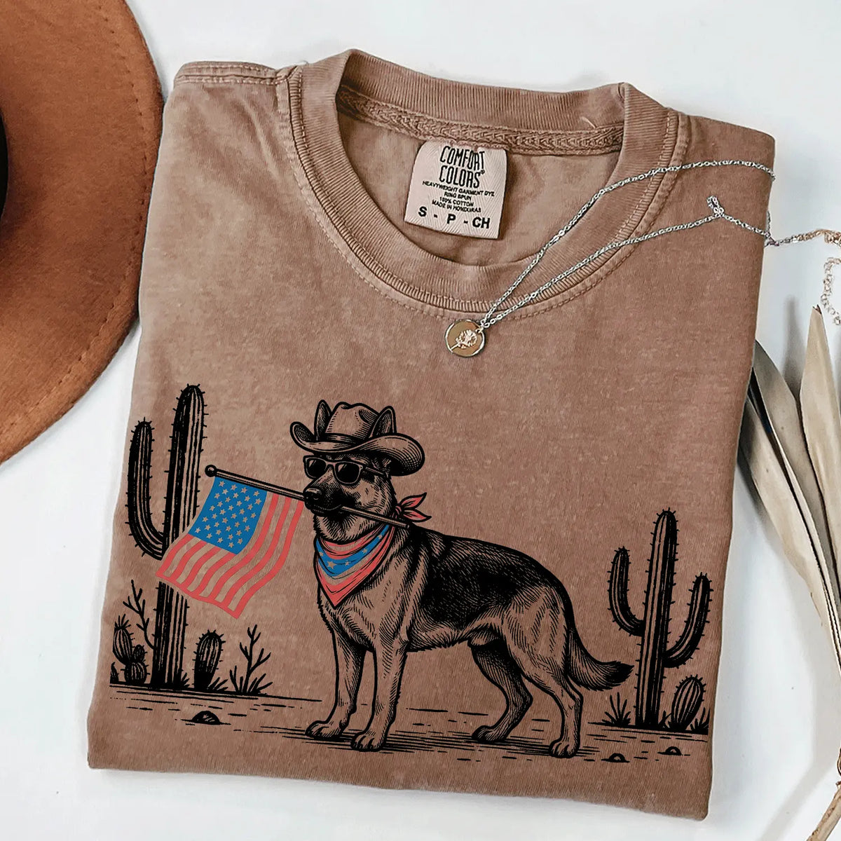 Patriotic Dog Shirt by Comfort Colors for Over 50 Breeds - Western Cowboy Tee, Ideal 4th of July Gift for Dog Lovers, USA Flag Design