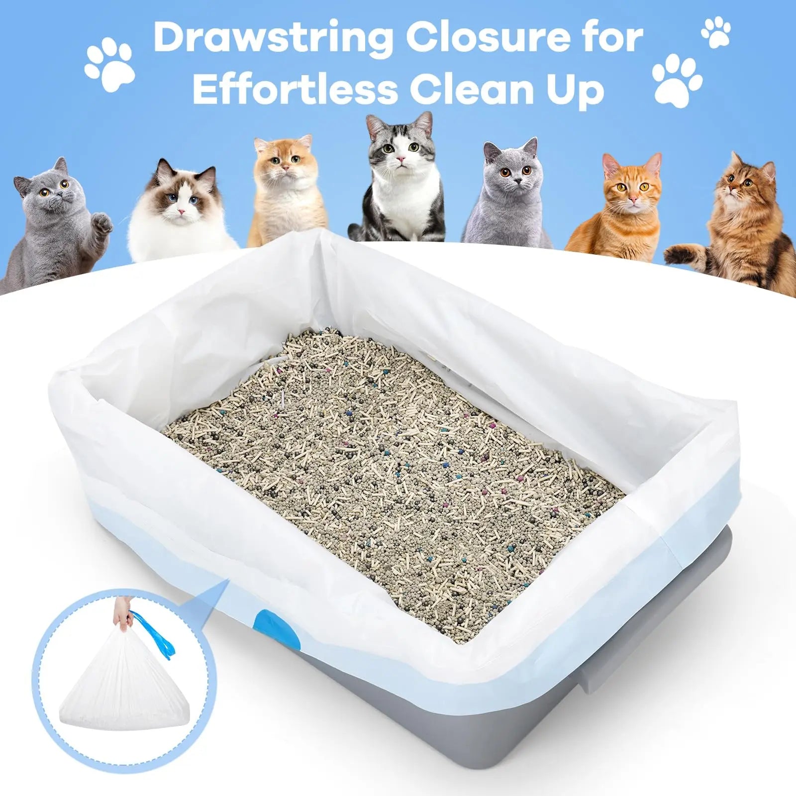 Durable Drawstring Cat Litter Bags - 40 Count Heavy-Duty Leak-Resistant Liners for Automatic Self-Cleaning Litter Boxes
