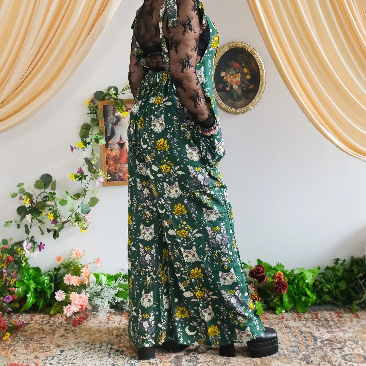 Celestial Cat and Moon Wide Leg Jumpsuit - Gothic Overalls and Witch-Inspired Bohemian Romper for Fall/Winter - Handmade Earthy Whimsy Outfit