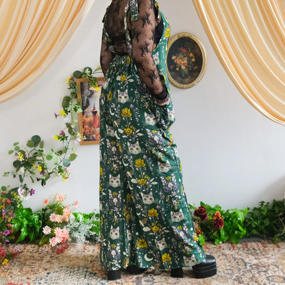 Celestial Cat and Moon Wide Leg Jumpsuit - Gothic Overalls and Witch-Inspired Bohemian Romper for Fall/Winter - Handmade Earthy Whimsy Outfit