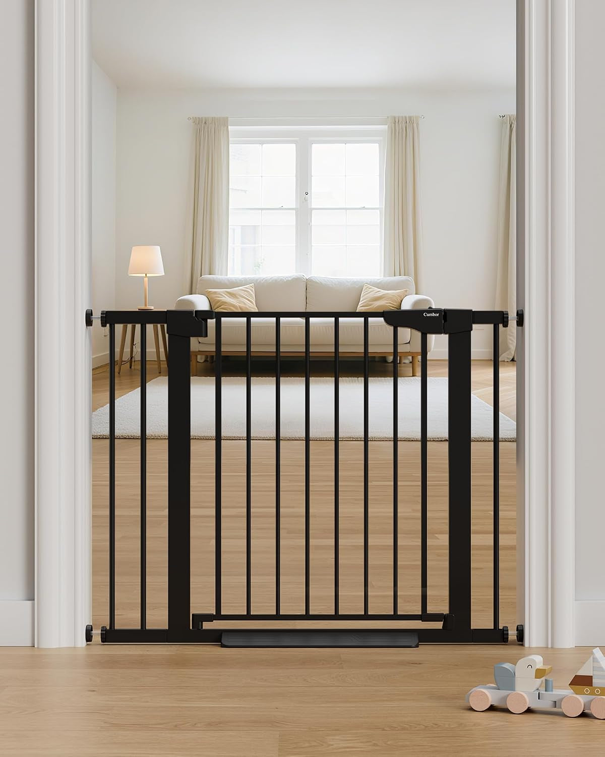 Adjustable Baby Gate for Stairs (29.7-40.6") - Award-Winning Dog Gate for Doorways with Pressure-Mounted Auto-Close Design, Indoor Safety Child Gate Featuring Convenient Walk-Through Door, Black