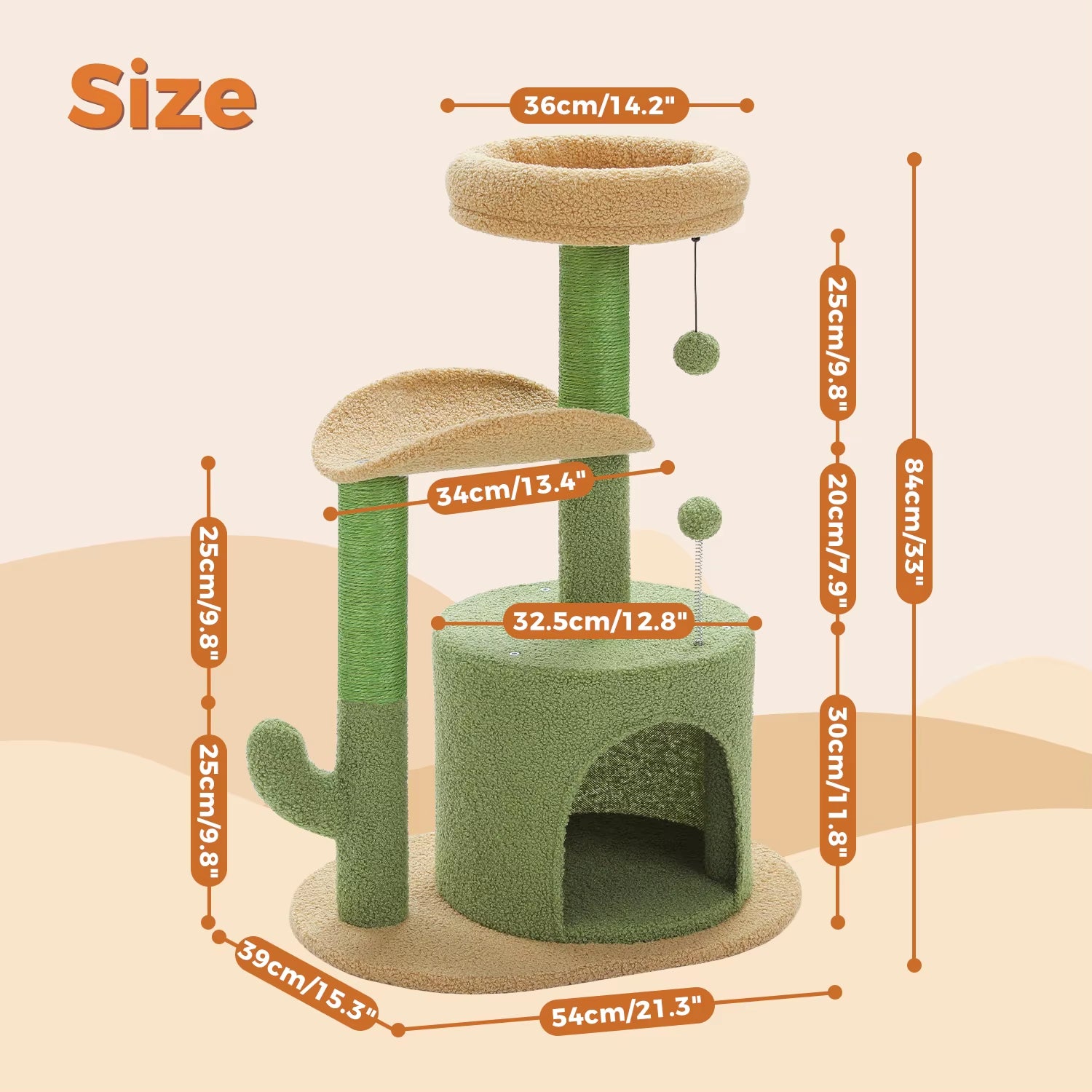 Cactus-Inspired Indoor Cat Tree with Curved Perch, Removable Top Bed, and Integrated Scratching Post