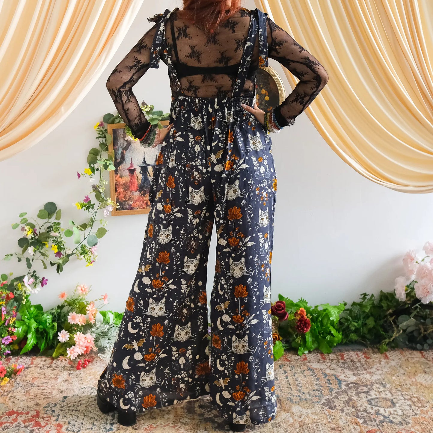 Celestial Cat and Moon Wide Leg Jumpsuit - Gothic Overalls and Witch-Inspired Bohemian Romper for Fall/Winter - Handmade Earthy Whimsy Outfit