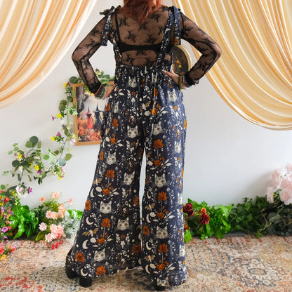Celestial Cat and Moon Wide Leg Jumpsuit - Gothic Overalls and Witch-Inspired Bohemian Romper for Fall/Winter - Handmade Earthy Whimsy Outfit